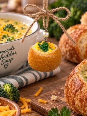 Broccoli Cheddar Soup Bread Bowl Ornament | Handmade Mini Food Kitchen Décor
